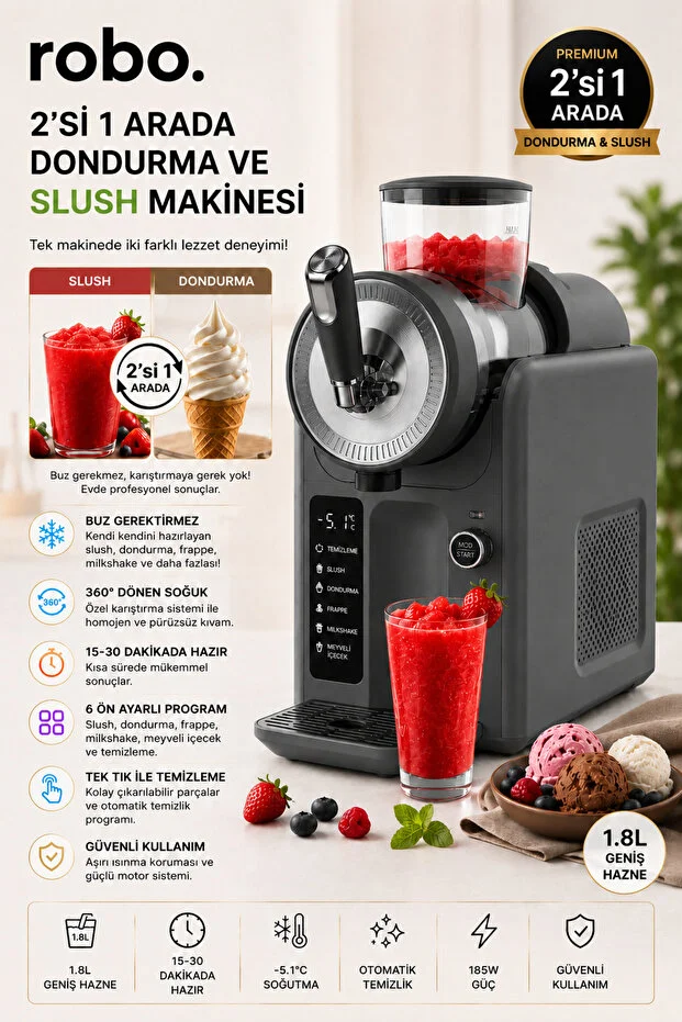 2'si Bir arada Dondurma ve Slush (buzlaş) Makinesi Gri 2'si Bir arada Dondurma ve Slush (buzlaş) Makinesi Gri